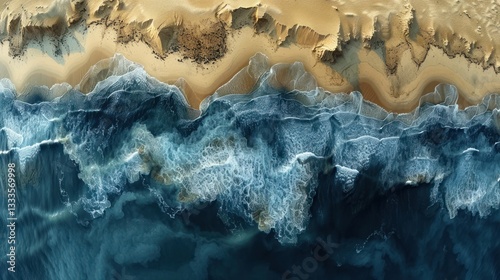 Aerial view of waves crashing on a sandy beach.  High angle, detailed view of turbulent ocean water meeting the beach.  Sand dunes and cliffs in the background.  Abstract textures of sand and water.