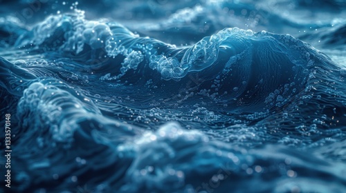Abstract close-up view of deep blue ocean waves, textured with frothy white water, sparkling with light, showing details of water movement and patterns.