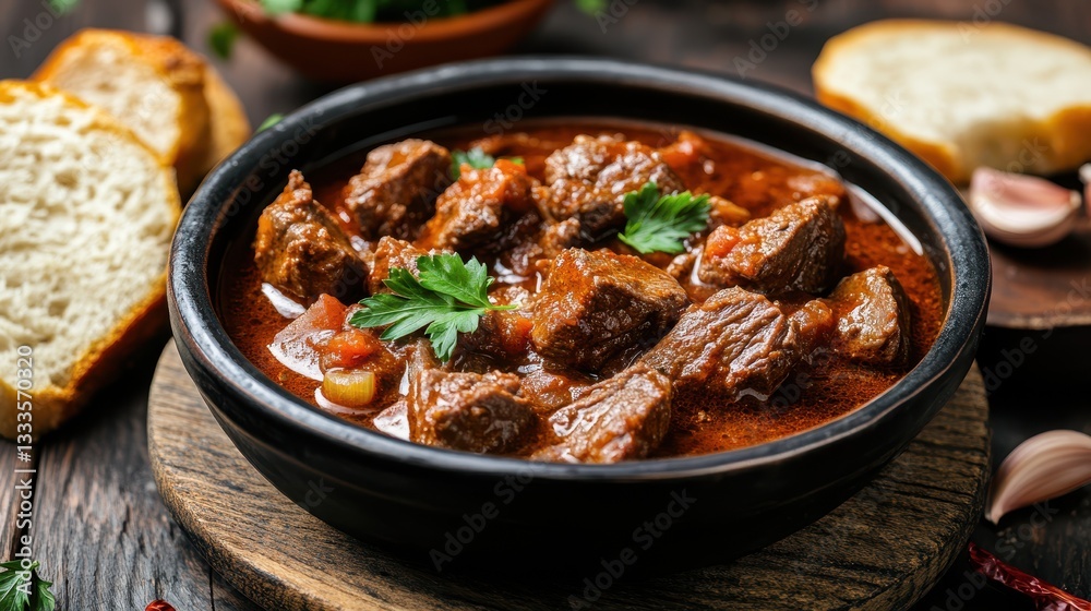 A hearty bowl of beef goulash, rich and savory, with tender chunks of beef simmered in a flavorful, spiced broth. A hearty bowl of beef goulash, rich and savory, with tender chunks of beef simmered in a flavorful, spiced broth.
