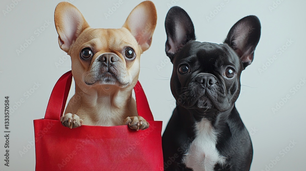 Fototapeta premium Two adorable dogs posing for a portrait with bags present
