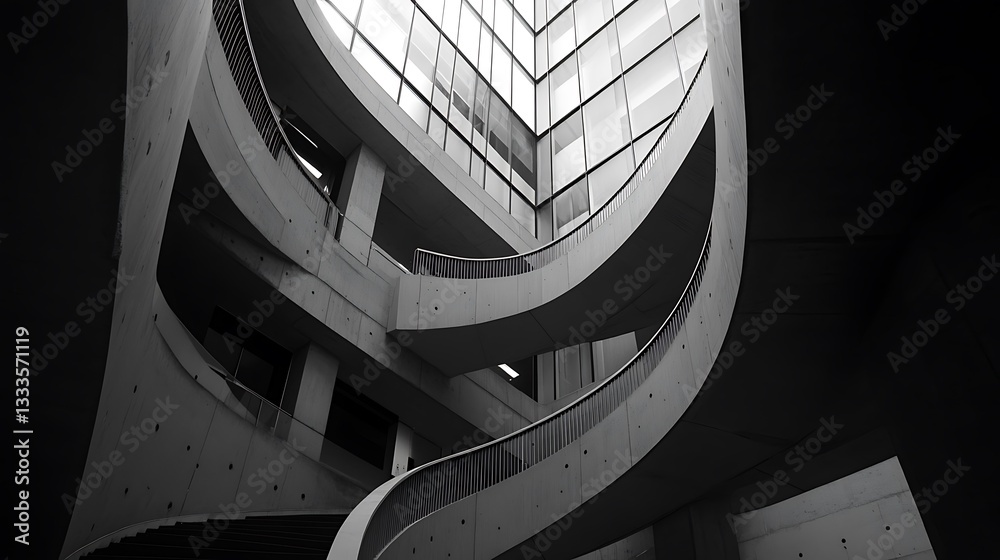 Obraz premium Abstract architectural interior, modern spiral staircase, concrete building, intricate design,