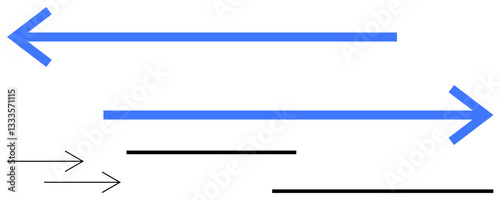 Large blue arrows pointing opposite directions above thinner black arrows of different sizes. Ideal for motion, direction, choice, growth, interaction, strategy, decision-making. A flat simple