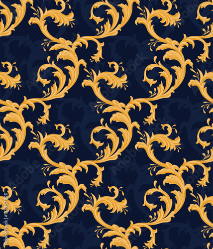 Vector luxury baroque seamless pattern. Ornament with gold filigree silhouette of floral flourish on dark blue background. Rich vintage texture for wallpaper and fabric
