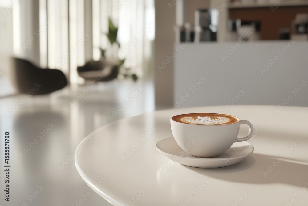 A Moment of Serenity: A delicate cup of cappuccino with intricate latte art sits elegantly on a white saucer atop a pristine white table, a tranquil scene capturing the essence of a relaxing moment. A Moment of Serenity: A delicate cup of cappuccino with intricate latte art sits elegantly on a white saucer atop a pristine white table, a tranquil scene capturing the essence of a relaxing moment.