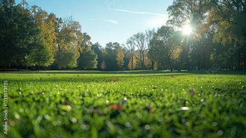 Lush green grass field in park with autumn trees under a bright sun.