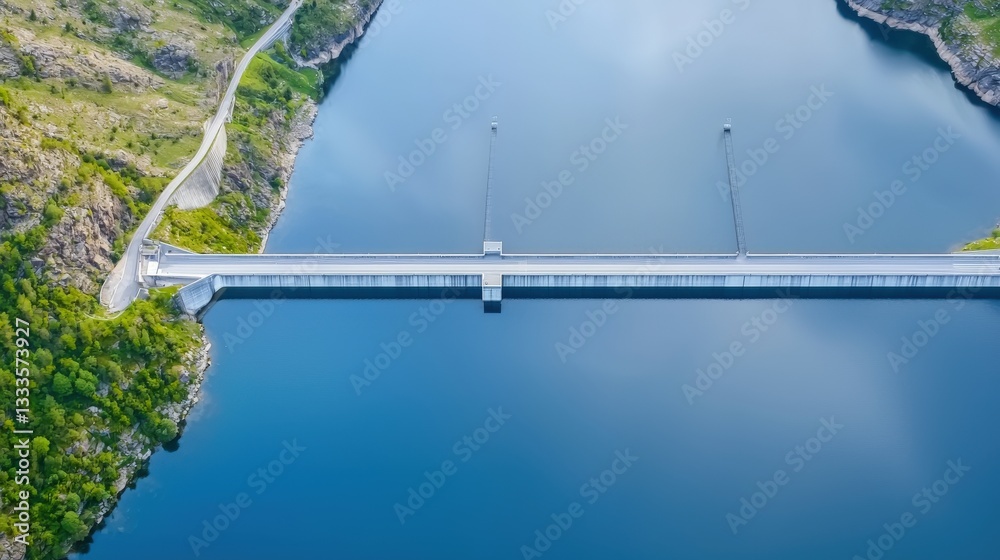 Fototapeta premium Aerial View of Modern Dam Structure Over Calm Water Surface