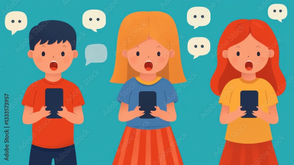 Fototapeta premium Three colorful characters engage in lively conversations using smartphones, highlighting modern communication trends.