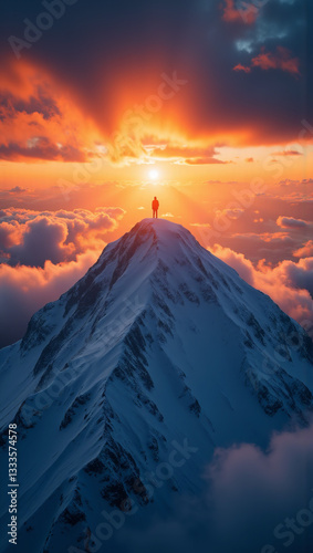 Climbing and winning: A lone figure stands triumphantly atop a snowy mountain peak, basking in the breathtaking view of a spectacular sunrise or sunset. The essence of human endurance and achievement.