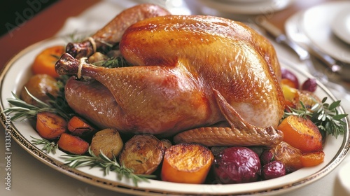 A juicy whole roast chicken, accompanied by vegetables, is presented on a plate from an overhead view. photo