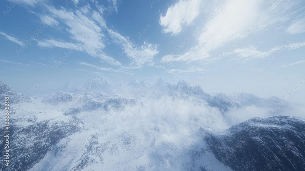 Snowy mountain range, aerial view, majestic peaks Snowy mountain range, aerial view, majestic peaks