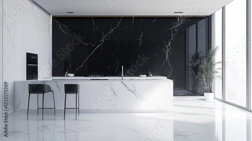 A kitchen interior featuring white and black marble walls, creating a sophisticated and modern aesthetic. photo