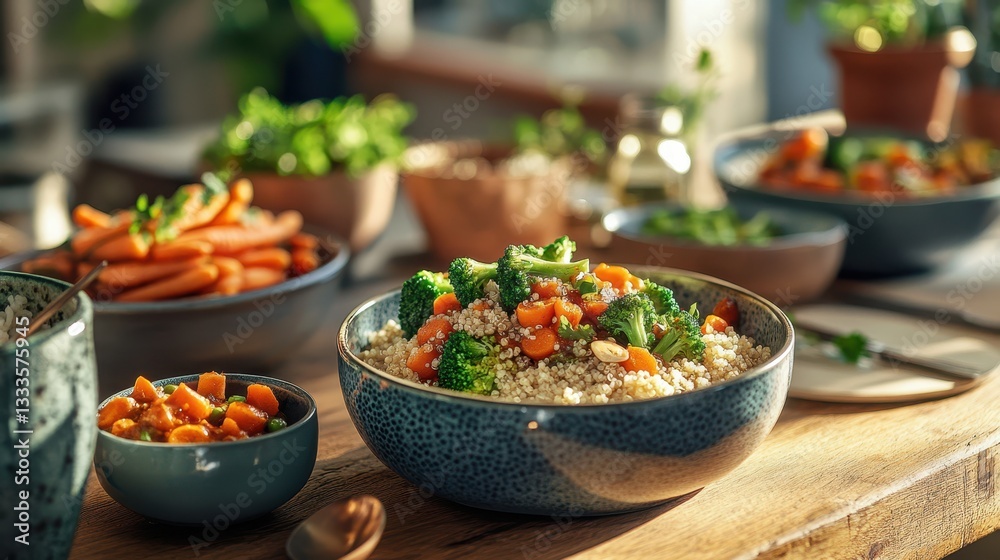 A kitchen table set with bowls of broccoli, carrots, and rice, alongside a savory Quinoa Broccoli Carrot Curry, offering a wholesome and colorful meal. A kitchen table set with bowls of broccoli, carrots, and rice, alongside a savory Quinoa Broccoli Carrot Curry, offering a wholesome and colorful meal.