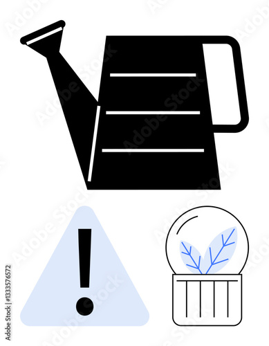 Watering can, caution sign, plant in terrarium combine to emphasize care, sustainability, growth. Ideal for gardening, conservation, eco-awareness, education warning design simple concept flat