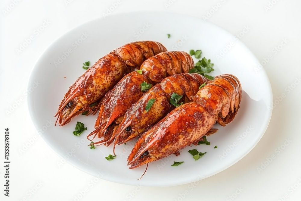 Grilled Lobster Tails with Fresh Herbs on White Plate Grilled Lobster Tails with Fresh Herbs on White Plate