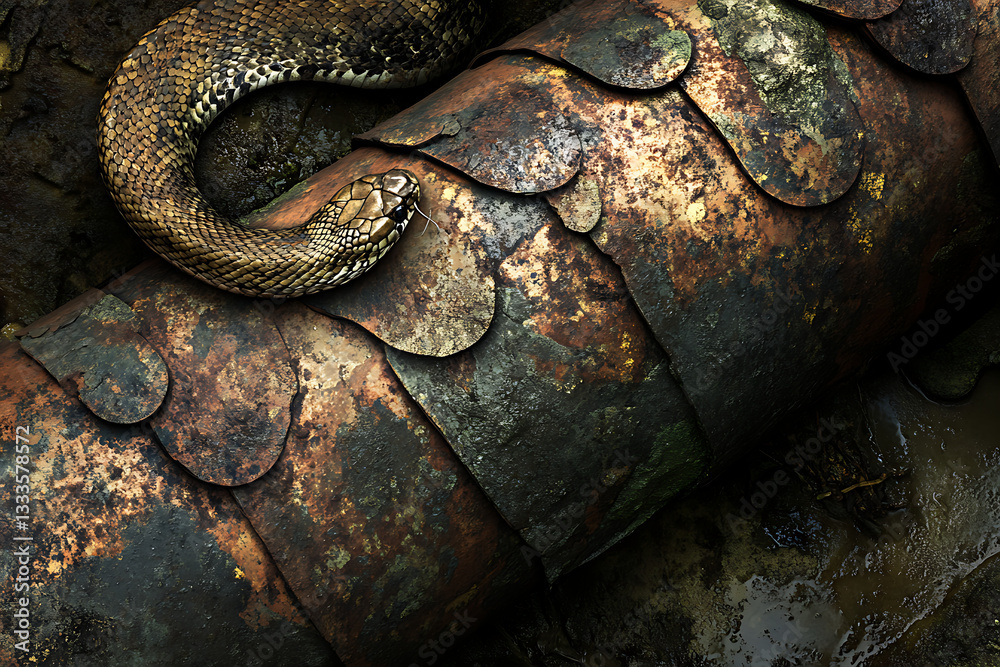 Fototapeta premium A detailed of a snake s textured scales as it slithers near a rusted pipeline blending into the industrial setting
