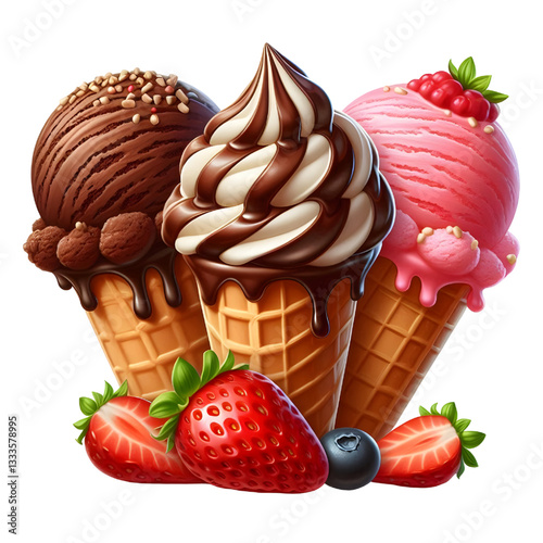 Chocolate, vanilla and strawberry Ice Cream Isolated white background