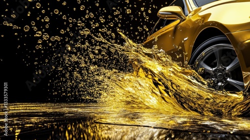 A luxury car with a dramatic splash of lubricating oil, emphasizing the importance of oil lubrication in maintaining high-performance vehicles. photo