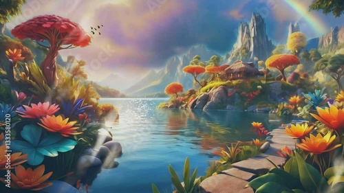 the fantasy beauty of a lake with beautiful blooming flowers and a view of a house on a hill on the edge of the lake