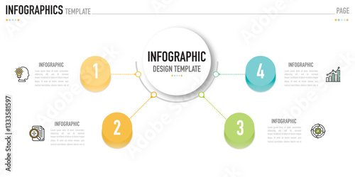 Circular mind map infographic template or element with 4 step, process, option, colorful circle, button, paper origami, tag, label, minimal style for sale slide, agenda, schedule, planner organization