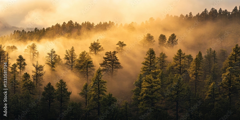 Fototapeta premium Golden Haze: A dense forest bathed in ethereal sunlight, with mist weaving through the trees. A natural, scenic vista.