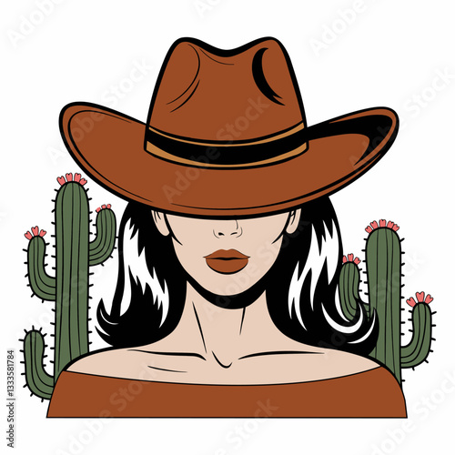 Stylish Cowgirl with Hat and Cactus Illustration