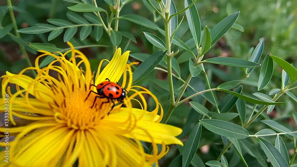  Ladybug on a yellow flower with green leaves in the background