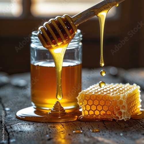 viscous golden honey flowing in thick, syrupy droplets from the curved tip of a worn, wooden honey dipper into the transparent, cylindrical glass 