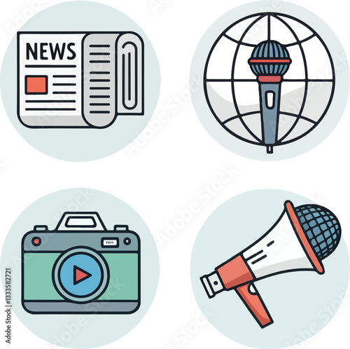 Media and News Icons Set  Editable Stroke Vector Illustration