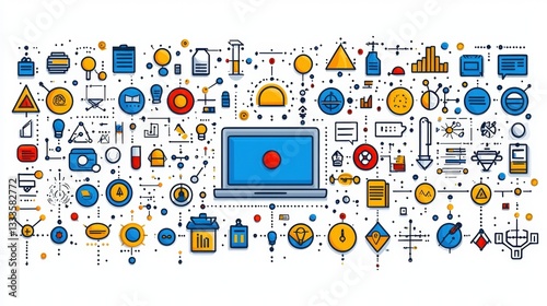 Wallpaper Mural Colorful Digital Technology Icons and Symbols on White Background with Laptop Centerpiece Torontodigital.ca