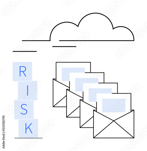 Letters forming Risk, four mail envelopes, and a cloud represent data security, communication vulnerabilities, and online risks. Ideal for cybersecurity, data safety, digital communication, email