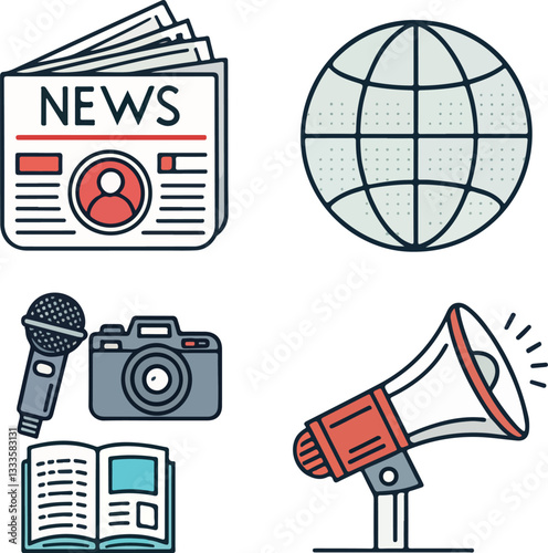 Media and News Icons Set  Editable Stroke Vector Illustration