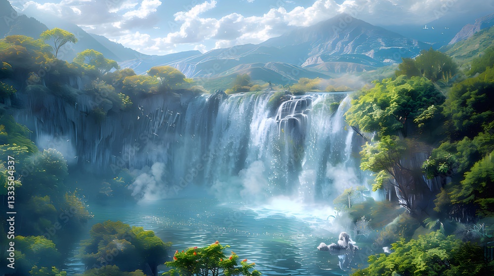 Serene Waterfall Landscape with Lush Greenery Serene Waterfall Landscape with Lush Greenery