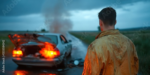 Car breakdown despair concept individual standing beside broken vehicle in remote location urgent environment contemplative