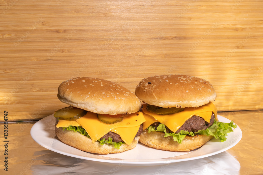 Two cheeseburgers with beef patties, cheddar cheese, pickles, lettuce, and tomatoes on sesame buns, served on a white plate with a rustic background.