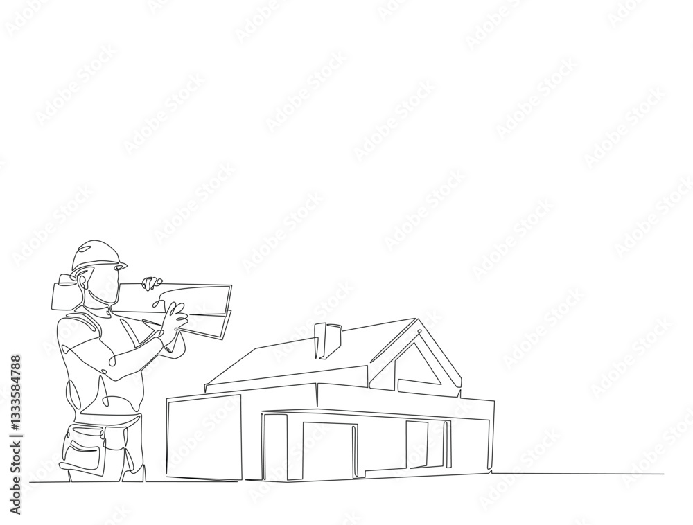Continuous line art drawing of house and repairman with woods. Carpenter and house in one line drawing illustration. Editable stroke. Continuous line art drawing of house and repairman with woods. Carpenter and house in one line drawing illustration. Editable stroke.