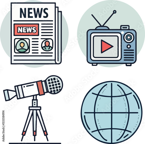 Media and News Icons Set  Editable Stroke Vector Illustration