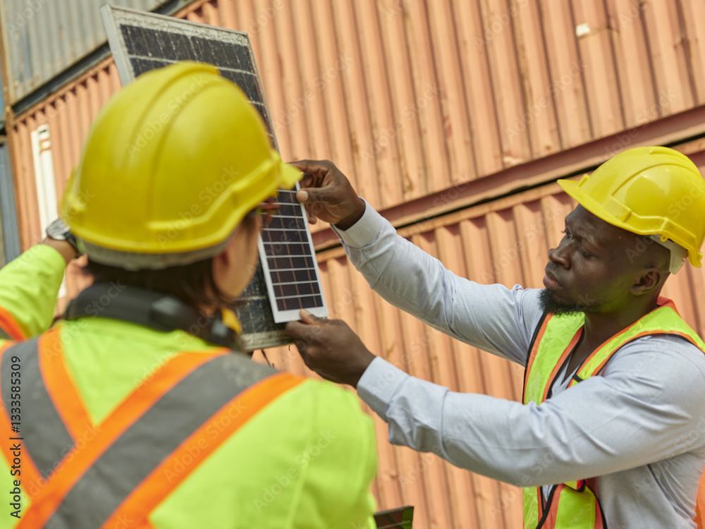 Two construction workers in safety gear examining and adjusting a solar panel installed