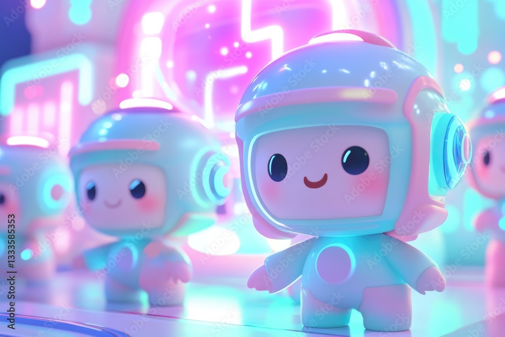 Fototapeta premium Adorable pastel-colored robots in a vibrant neon city setting.
