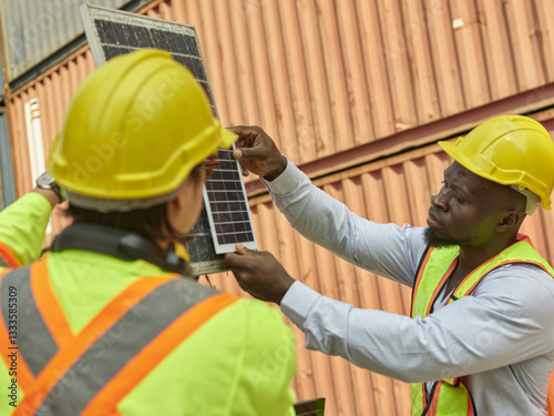 Two construction workers in safety gear examining and adjusting  a solar panel installed