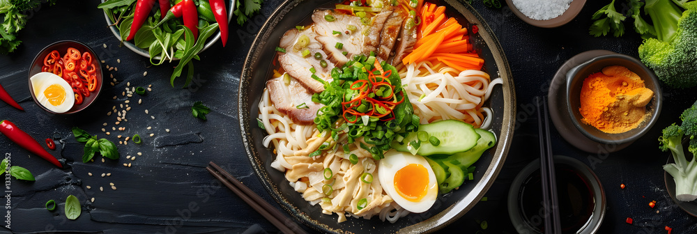 Inviting Bowl of Nutritious Udon Noodles Surrounded by Fresh Ingredients