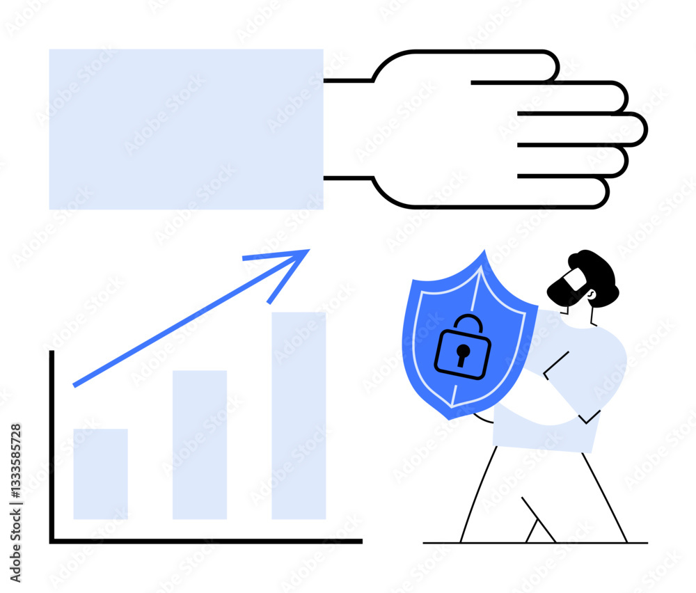 Shield with padlock representing security, a bar graph with an upward trend, and a hand icon highlight data protection, progress, safety, success, privacy, trust risk management. Flat simple Shield with padlock representing security, a bar graph with an upward trend, and a hand icon highlight data protection, progress, safety, success, privacy, trust risk management. Flat simple