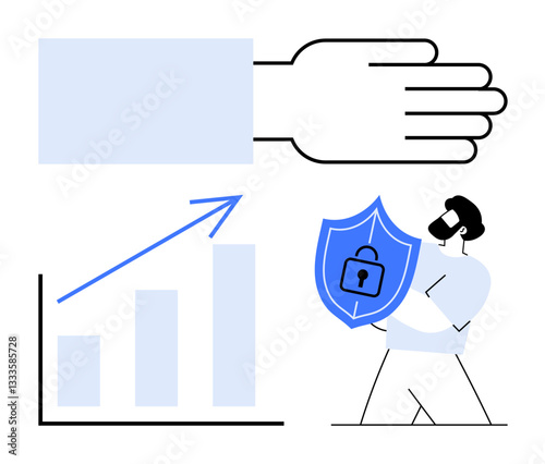 Shield with padlock representing security, a bar graph with an upward trend, and a hand icon highlight data protection, progress, safety, success, privacy, trust risk management. Flat simple