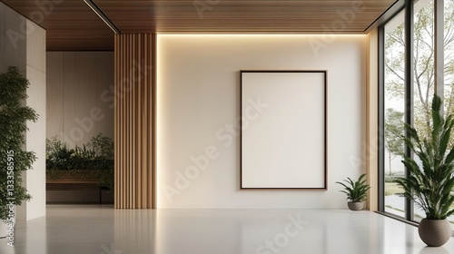 A minimalist modern office lobby featuring a frame mockup on the wall and potted plants. photo