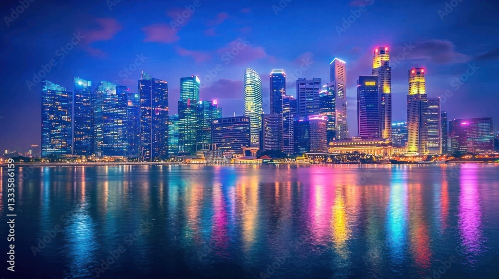 Fototapeta premium A vibrant city skyline at night, showcasing contemporary buildings.