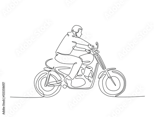 Continuous line art drawing of rider riding a retro motorcycle. Biker with Old classic vintage motorcycle in one line drawing illustration. Editable stroke.