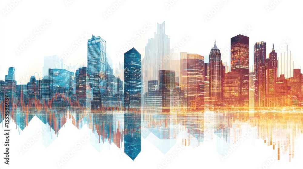 Obraz premium A modern cityscape overlaid with abstract forex charts, all isolated on a white background.
