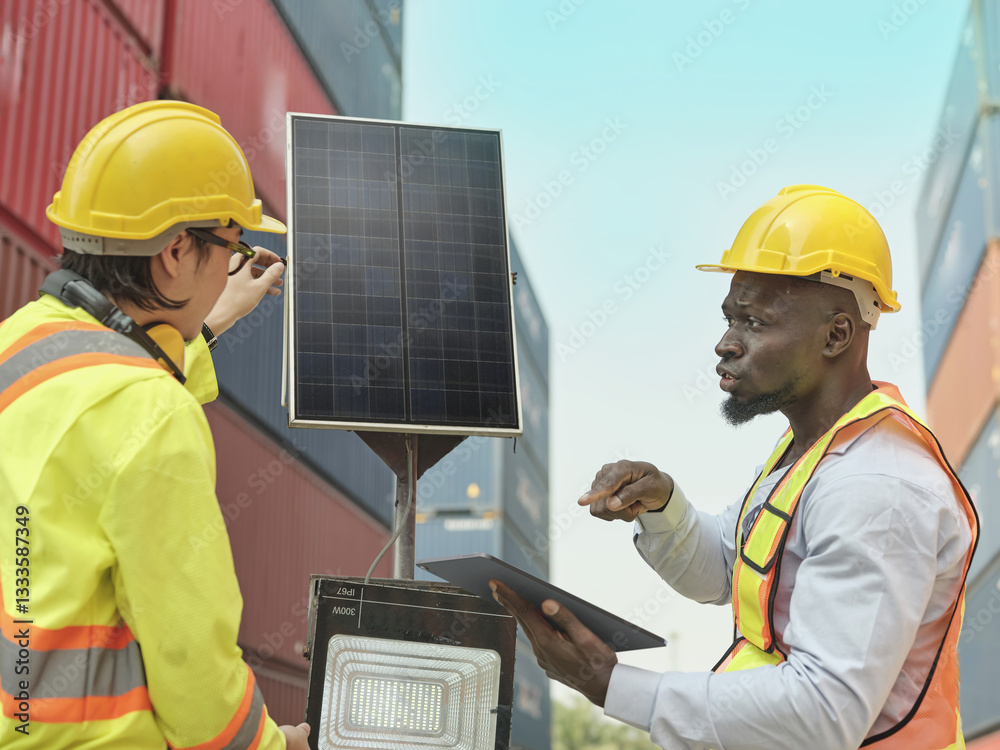 Two construction workers in high-visibility vests and hard hats discussing and examining a solar panel device on a construction site, demonstrating the of renewable energy technology