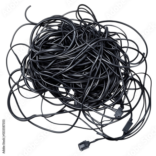 Set of black cables and wires tangled, isolated on transparent background 