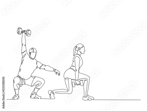 Continuous line art drawing of woman and man workout using barbell. Couple training in sport gymnasium club cente in one line drawing illustration. Editable stroke.
