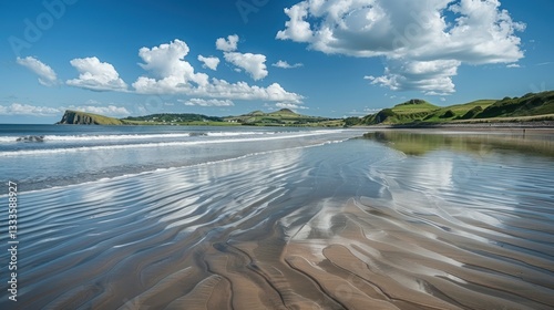 Calm beach scene with reflections of clouds and hills on the water.